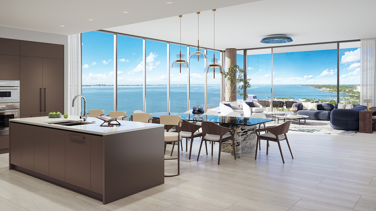 Luxury open-concept condo interior with floor-to-ceiling windows overlooking Sarasota Bay