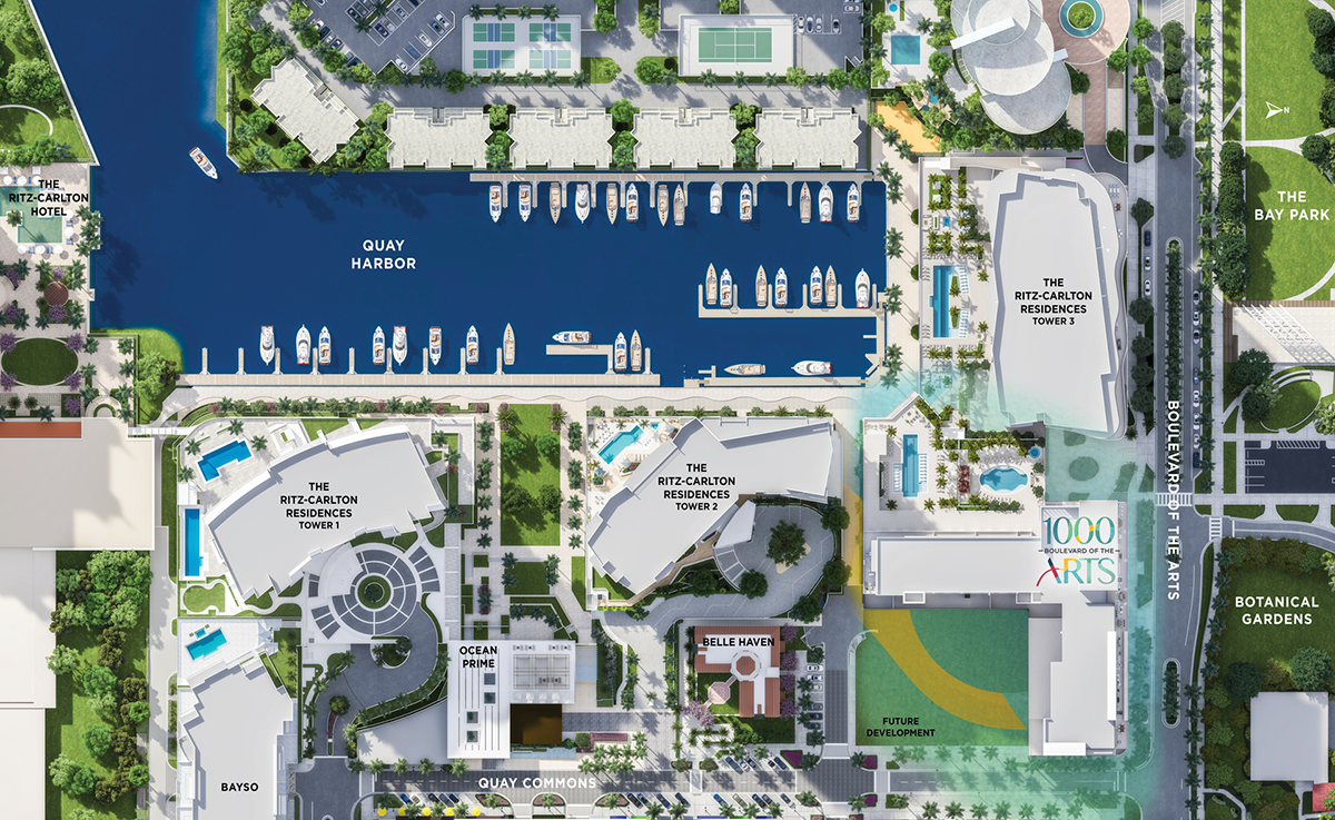 Master site plan map of 1000 Boulevard of the Arts in Sarasota’s Quay district with marina and Ritz-Carlton towers