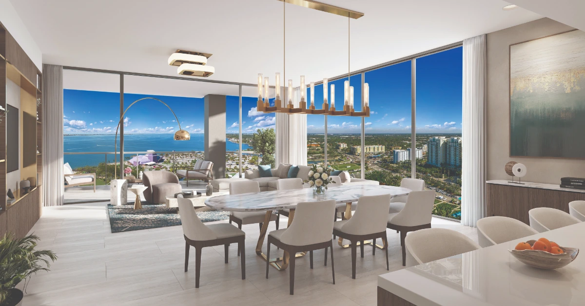Luxury dining and living room with Sarasota Bay views