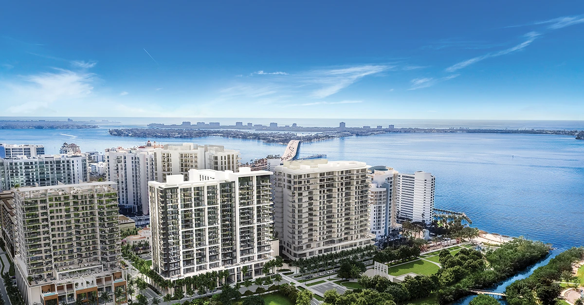 Aerial view of waterfront condos along Sarasota Bay