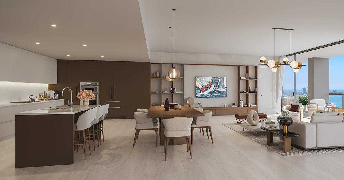 Open concept luxury condo interior with kitchen and living area