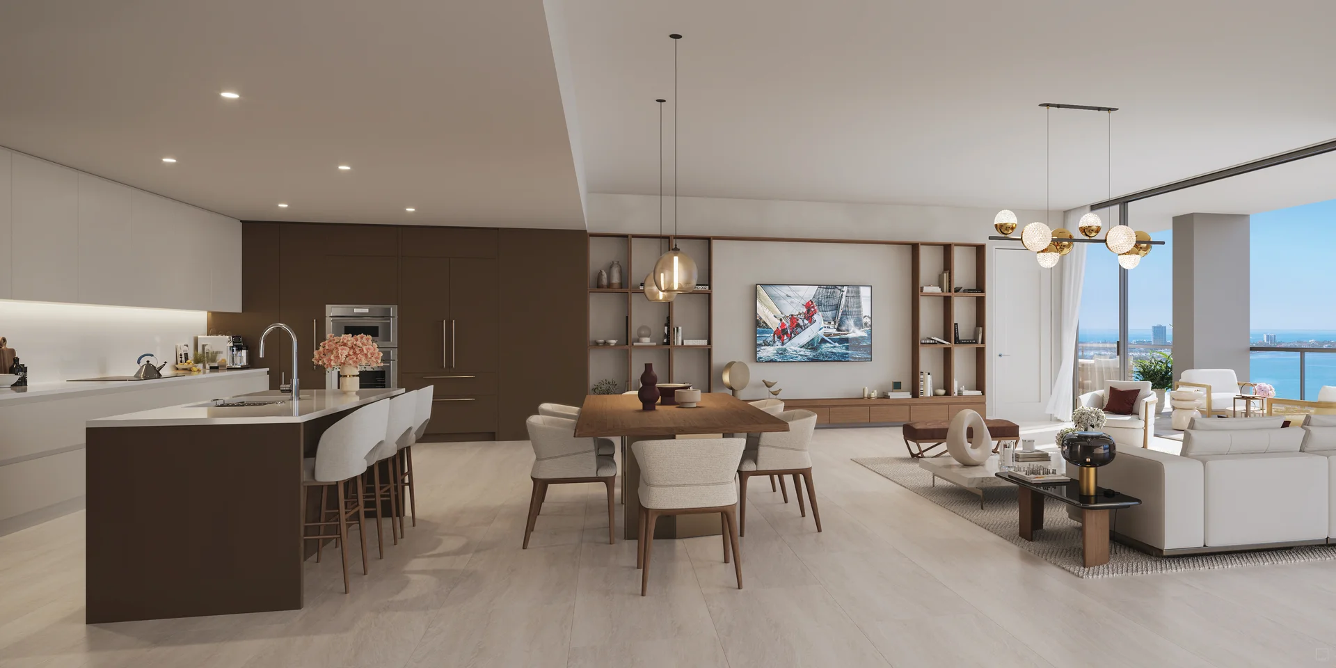 Rendering of an open kitchen with white and dark brown cabinetry and an island with four stools, a walnut dining table with cream chairs, a wall of open shelves around a TV, and a white sectional near glass doors to a terrace overlooking the water.