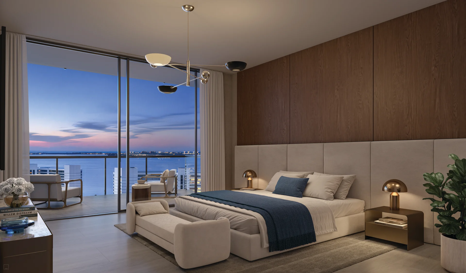 Rendering of a bedroom at dusk with a king bed and navy throw against a walnut-paneled wall, brass mushroom lamps on bronze nightstands, a cream bench, and glass doors to a terrace overlooking the bay under a pink and blue sky.