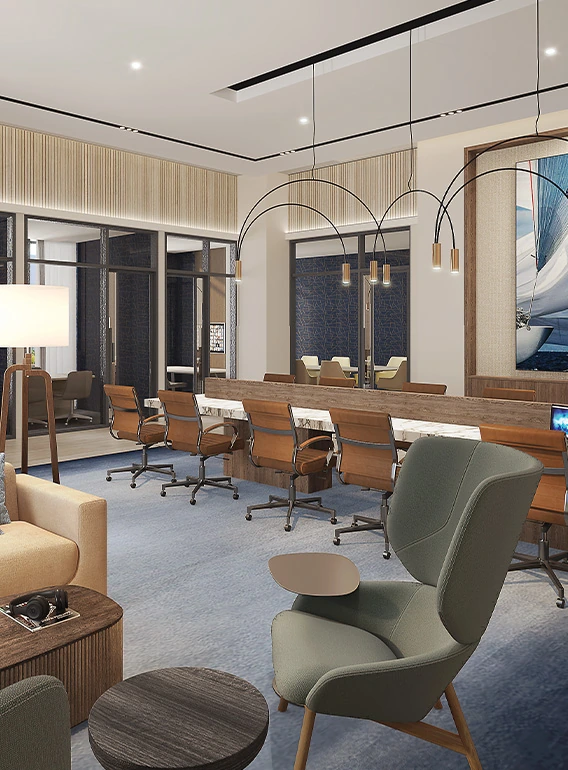 Design rendering of The Hub coworking lounge space at 1000 Boulevard of the Arts Sarasota residences