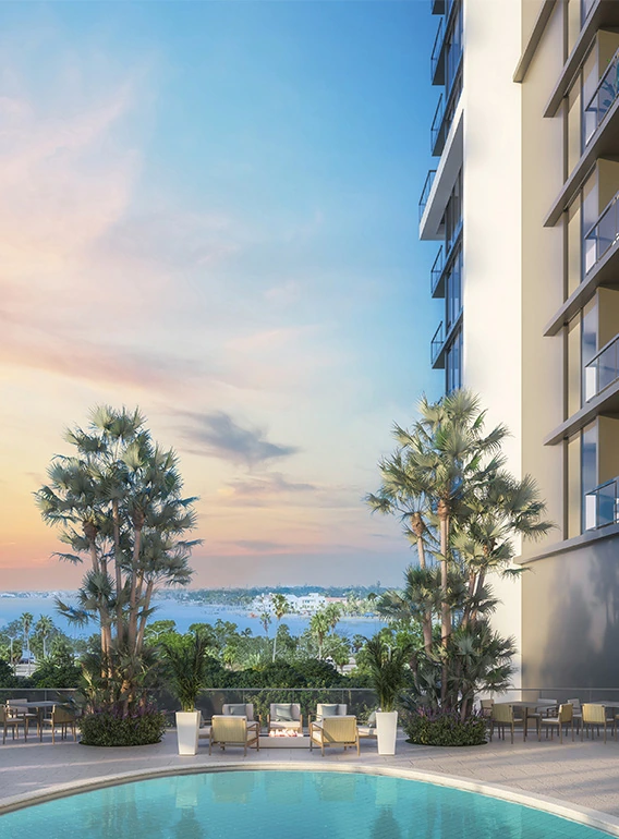 Oasis pool deck with Sarasota Bay views at 1000 Boulevard of the Arts. Rendering of wellness and recreation area