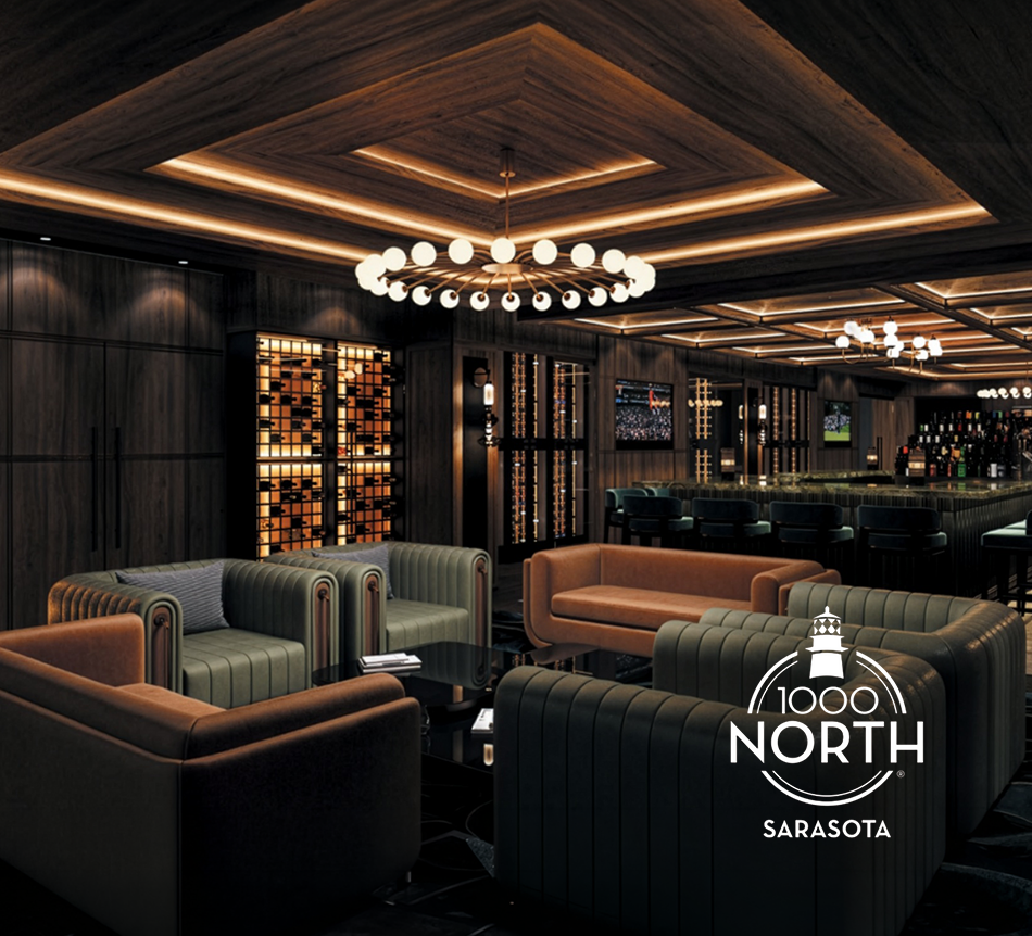 Dining and club image for 1000 Boulevard of the Arts, showing the 1000 North Sarasota interior with lounge seating, bar seating and wine displays. The venue expands the neighborhood dining scene surrounding The Quay and downtown Sarasota.