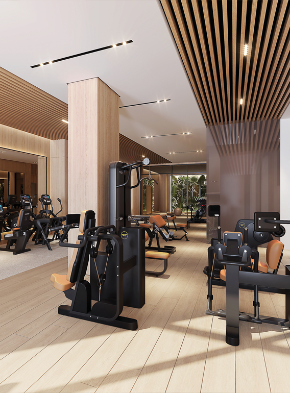 Fitness studio and wellness programs overlooking the water at 1000 Boulevard of the Arts amenities in Sarasota