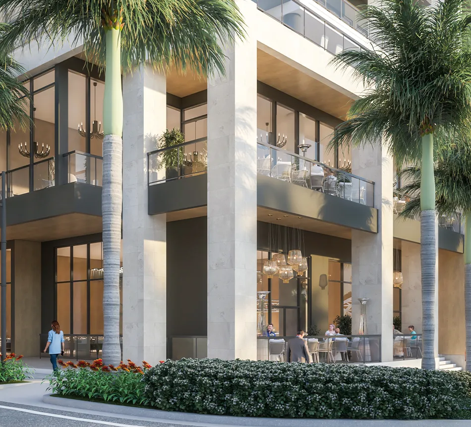 Artist's rendering of planned ground-level dining at 1000 Boulevard of the Arts in Sarasota's Quay Waterfront District. Palm-lined outdoor seating beneath the building reflects the project's street-level dining experience, with additional nearby dining planned within Hyatt Centric Harborside. Actual improvements may vary.