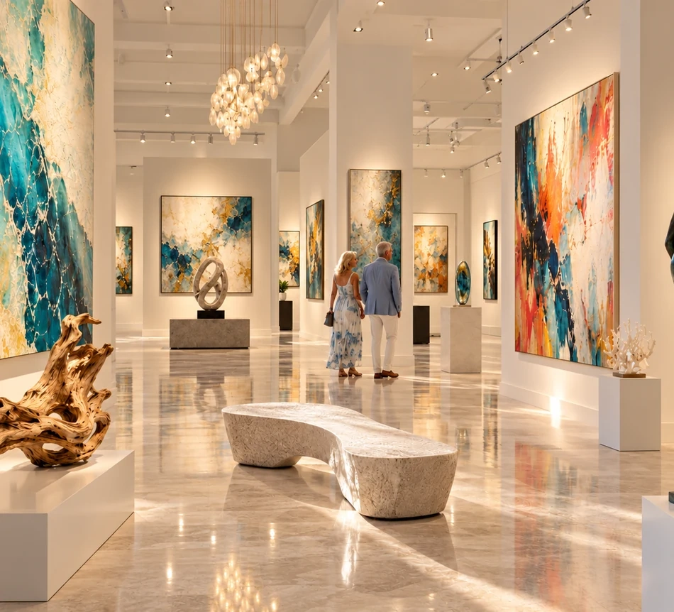 Two visitors walk through a bright contemporary art gallery with colorful abstract paintings and sculptures.